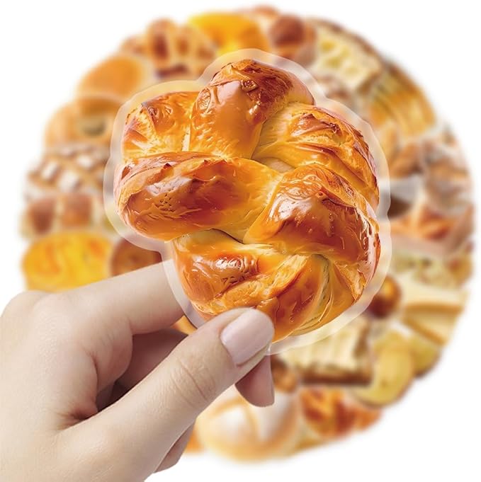 Bakery Bread Stickers Pack 50 PCS, Playful Aesthetic PET Waterproof Die-Cut Pastry Food Sticker Set for Water Bottles Laptop Luggage Skateboard, Scrapbook Journal Phone Case Notebook
