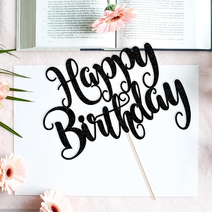 Happy Birthday Cake Topper- Glitter Happy Birthday Cake Decor, Handmade Anniversary/Birthday Party Supplies (Black)
