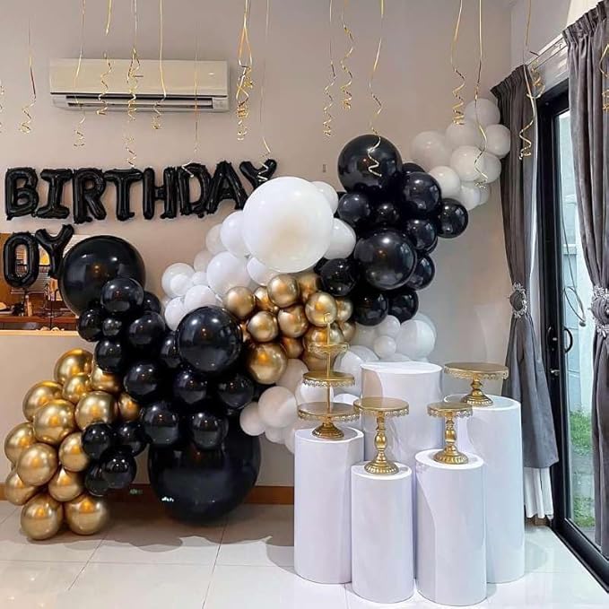 Black and Gold Balloon Arch Garland Kit with Star, 22 18 12 10 5in Different Size Black Metallic Gold White Latex Balloons for Birthday Anniversary 2026 Graduation New Year Party Decoration
