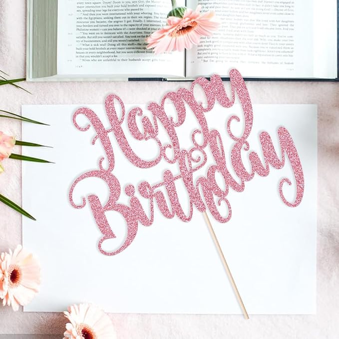 Happy Birthday Cake Topper- Glitter Happy Birthday Cake Decor, Handmade Anniversary/Birthday Party Supplies (pink)