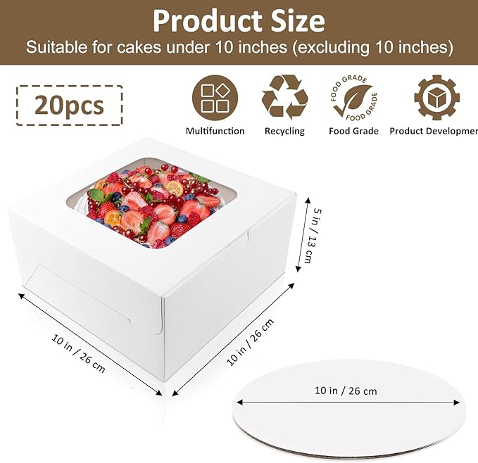 Moretoes 20 Set Cake Boxes, 10x10x5 Inches Tall White Square Bakery Boxes with Cake Boards Cajas Pasteles for Cakes, Valentine's Day, Mother's Day, Birthday, Wedding, Party