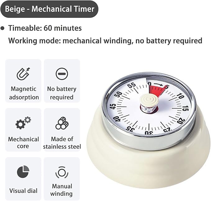 Elegant Stainless Steel Vintage Kitchen Timer with Magnetic Attachment - 60-Minute Countdown & Audible Alarm, Perfect for Cooking, Office Tasks, and Study Sessions (01-Beige)