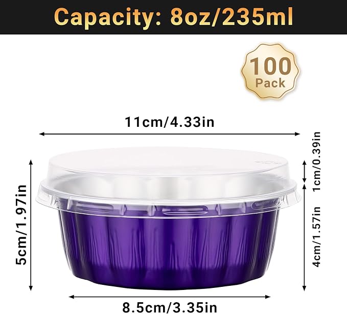 Beasea Disposable Ramekins 8oz, 100 Pack Aluminum Foil Baking Cups with Lids, Creme Brulee Muffin Cupcake Mini Pudding Disposable Baking Cups Tins for Party Wedding Birthday - Violet Purple
