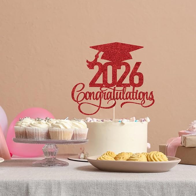 Glitter 2026 Congratulations Graduation Cake Topper,Congrats Grad Cake Decor - 2026 High School/College/Senior Graduation Party Decorations Supplies (2026 Congratulations red)