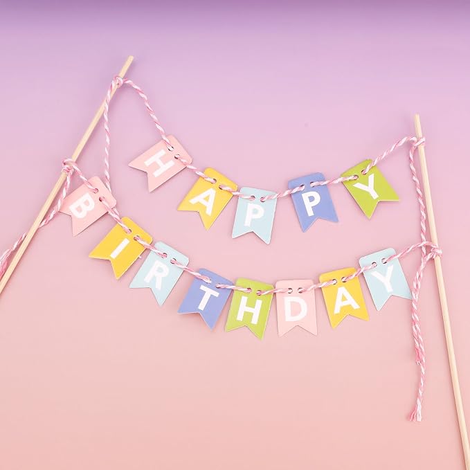 Gosknor Happy Birthday Flag Banner Cake Topper, Handmade Pennant Birthday Cake Flag Decoration for Party Decorations Supplies (Macaron Colors)