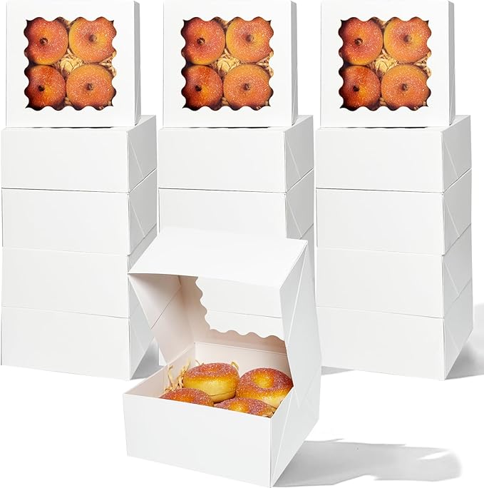 qiqee Auto-pop up Cookie Box with Window 6x6x3 Inch White 60Pcs Pastry Macaron Bakery Pie Box For Packaging
