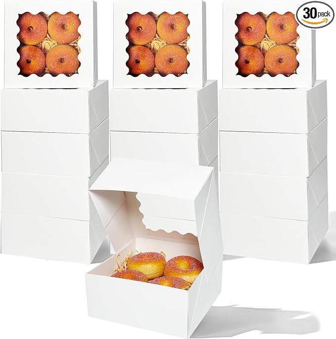 qiqee Auto-pop up 6x6x3 Inch White Cookie Box with Window 30Pcs Pastry Macaron Bakery Box For Packaging