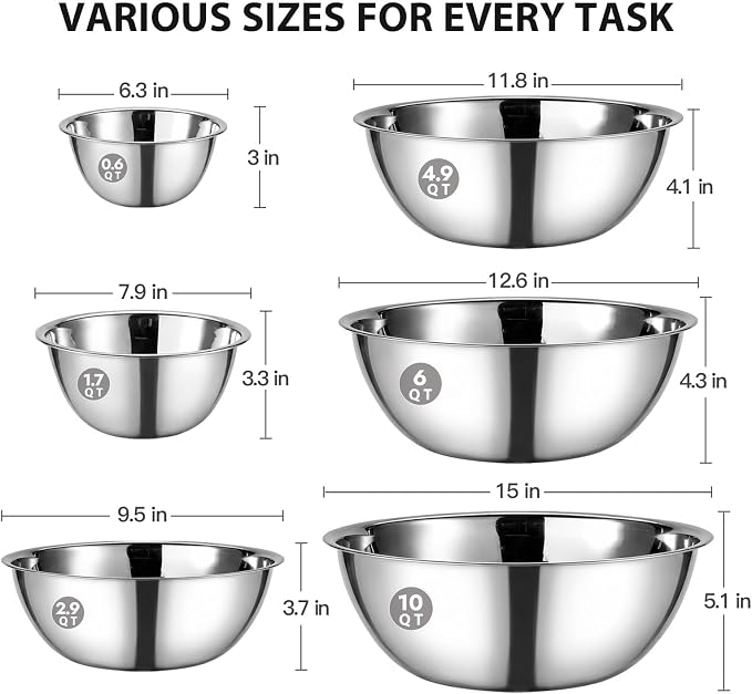 CURTA 6 Piece Stainless Steel Mixing Bowls Set, Heavy-Duty Nesting Metal Bowls (0.6–10 QT) with Flat Base, Large Prep Bowls for Baking, Cooking, Salad Tossing & Meal Prep