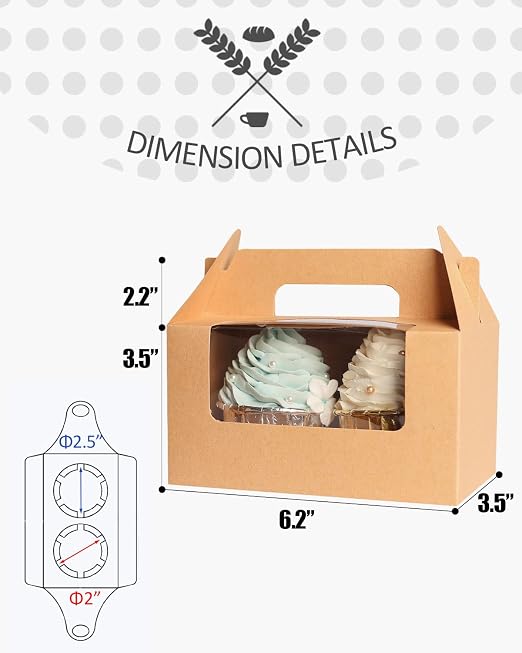 qiqee Cupcake Box Two Holder 6.5x3.6x3.5inch(2.2" Top) 50pcs Brown 2 Cupcake Boxes With Window