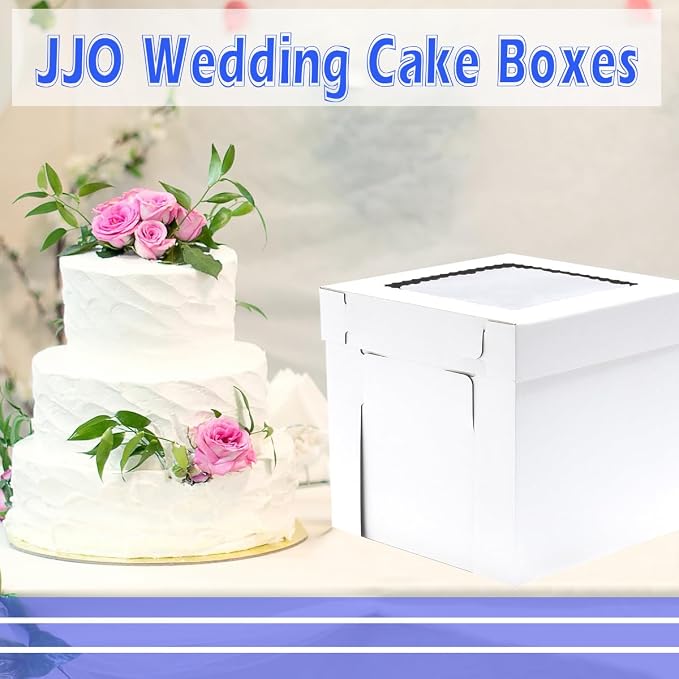JJO Tall Cake Boxes for Tier Cakes, 14x14x12 Inches 3 Pack,Whie Cake Boxes with Window,Disposable Cake Containers, Sturdy Wedding Tall Cake Carrier