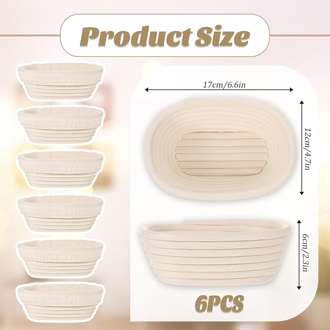 6 Set 6 Inch Oval Banneton Bread Proofing Basket Dough Proofing Bowls Kit with Cloth Liner Small Banneton Basket Proofing Baskets for Home Sourdough Bakers Supplies