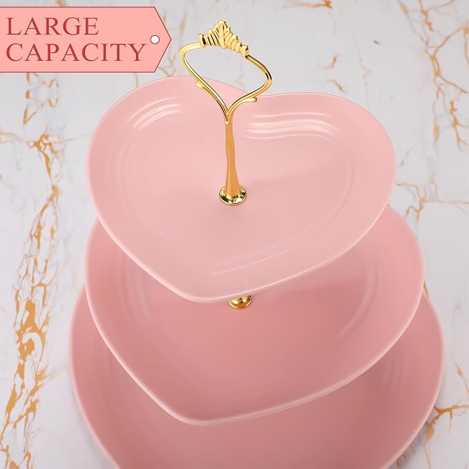 Layhit 1 Pack Wedding 3 Tier Cupcake Stand Heart Shaped 3 Tiered Serving Trays for Party Plastic Tray Dessert Cupcake Stand for Tea Party Baby Shower Wedding (Pink)