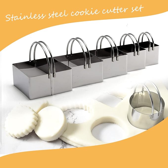 10Pcs Biscuit Cutter, Stainless Steel Cookie Cutter Set with Handles Biscuit Cutters for Baking, Sandwiches, Cakes Round and Square