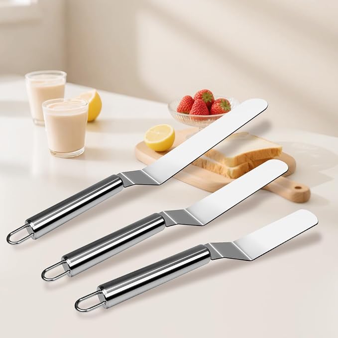 3 Pcs Offset Spatula Set with 6", 8" & 10" Blade, Stainless Steel Icing Spatula Cake Decorating Tools Frosting Smoother for Cake Decorating, Baking