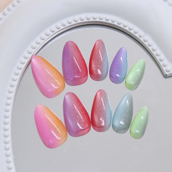 30Pcs Red French Tip Press on Nails Short Almond ZWENJIE Cat Eye Fake Nails Press ons Nail Tips Stick on Nails Glossy Acrylic Nails Kit False Nails with Pink Design Nail Art for Women Glitter Manicure