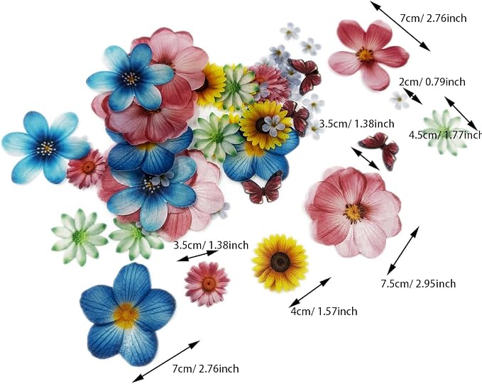 Set of 60 Edible Flowers & Leaf Cupcake Toppers Wedding Cake Party Food Decoration Mixed Size & Colour for Anniversary