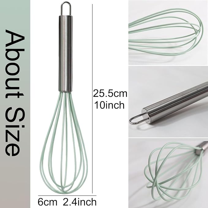 1-Piece Dark Green Silicone Whisk with Stainless Steel Handle BRIIEC 10-inch Egg Beater Milk Beater Balloon Whisk Manual Baking Tool for Blending Stirring Whisking and Beating