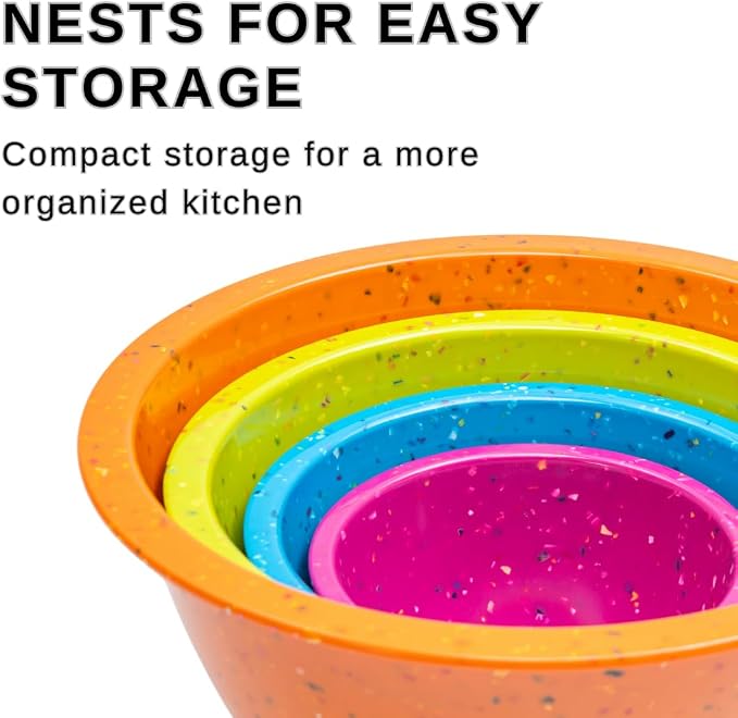 bzyoo Confetti Nesting Mixing Bowls Set - 4-Piece Colorful Kitchen Bowls (18oz, 1.25QT, 2.5QT, 4QT) - BPA-Free, Dishwasher Safe, Space-Saving Design Vibrant Color