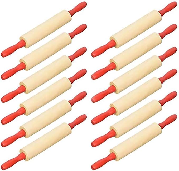 Mini Rolling 7.5 Inch Rolling Pin for Play Dough - Wood Kids Rolling Pin For Little Bakers, With Red Handles Arts and Crafts Clay Roller, 7.5" (144-Pack)