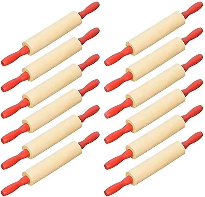 Mini Rolling 7.5 Inch Rolling Pin for Play Dough - Wood Kids Rolling Pin For Little Bakers, With Red Handles Arts and Crafts Clay Roller, 7.5" (96-Pack)