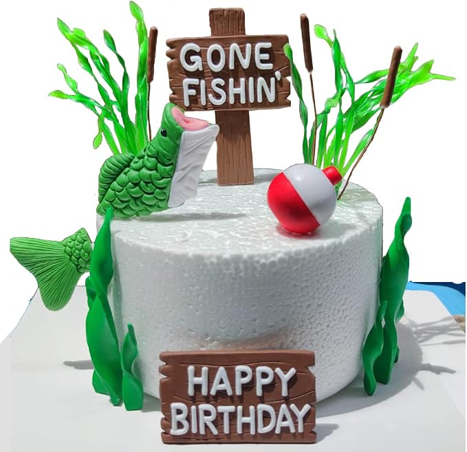 Fishing Cake Topper Gone fishing Cake with Bass Reed Happy Birthday Sign