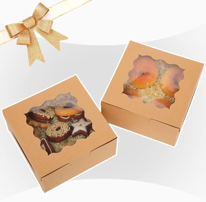 Bakepacker 60pcs Kraft Bakery Boxes with Window 6x6x3 inches Thick & Sturdy Macaroon Pastry Boxes Cookie Boxes for Bakerys