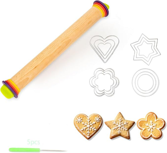 Adjustable Rolling Pin with Thickness Rings, Wooden Dough Roller & 12 Stainless Steel Cookie Cutters Set – 5-in-1 Baking Kit for Pizza, Fondant, Pie, Cookies, Pastry, 17" Non-Stick Wood