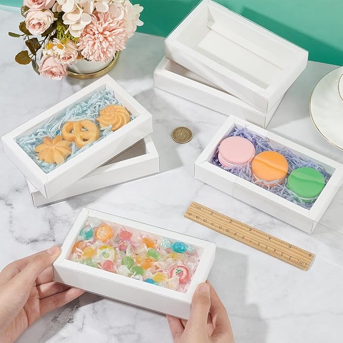 NBEADS 12 Pcs Rectangle Drawer Kraft Boxes, 5.5x2.7x1.26 Inch Gift Packaging Case Foldable Paper Drawer Boxes with Clear Plastic Cover for Party Favor Treats Candy and Jewelry Crafts, White