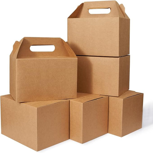 Happyhiram 50 Count Large Gift Boxes with Handles Kraft Brown, 9x6x6 Gable Gift Boxes Party Favor Boxes Barn Style Carry Out Box Recyclable Lunch Boxes Paper for Food Kids Birthday Baby Shower