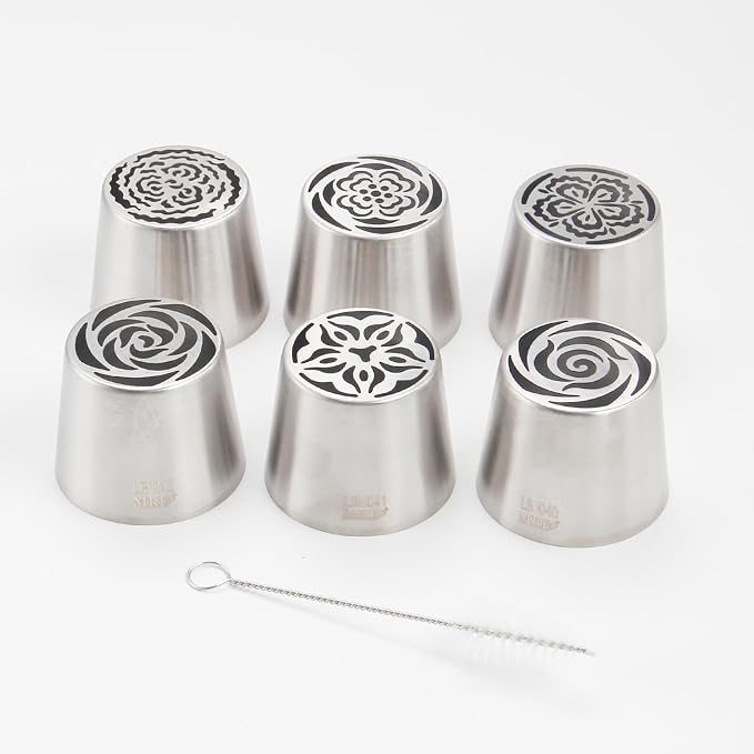 Extra Large Russian Piping Tip Set - 6 Stainless Steel Marshmallow Buttercream Framing Nozzles for 3D Roses Tulip Cake Decorations and Marshmallow Bouquets, Includes 1 Cleaning Brush(6B)