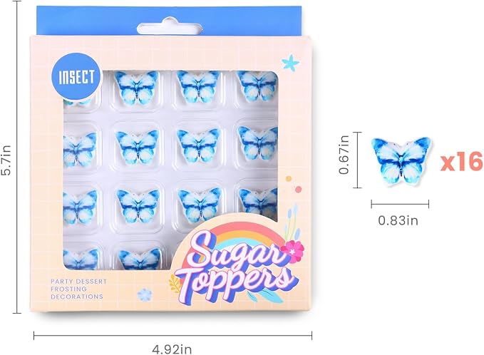Edible Butterfly Cake Decorations, 16 Royal Icing Butterflies Blue, Butterflies Cupcake Toppers for Cake Decorating, Cookies, Macarons, Cakesicles, and Ice Cream