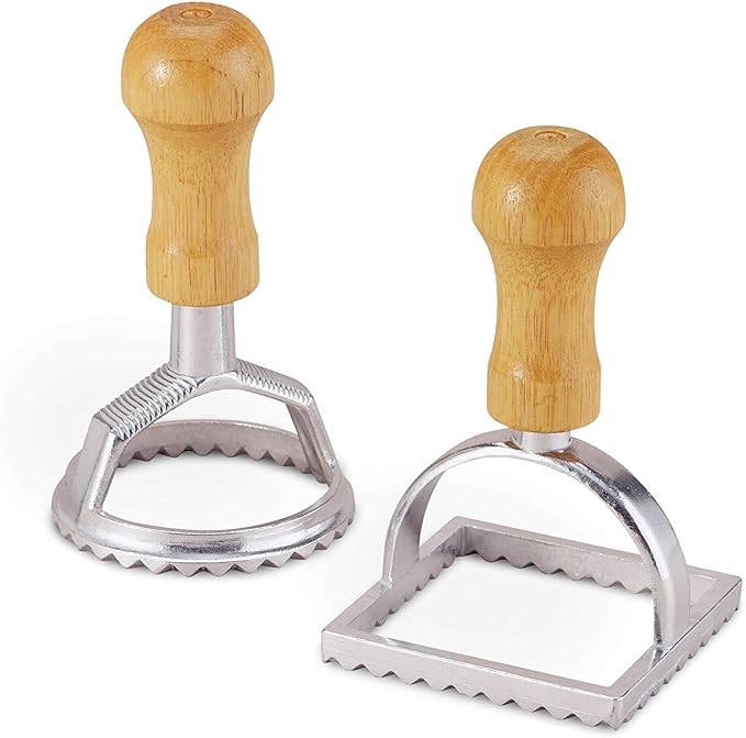 Fante’s Ravioli Maker Stamps With Wooden Handles, Fluted Round And Square Shapes, For Homemade Pasta, Cookies, Everyday Meals, And Holidays, 2.5-Inch And 2-Inch, 2-Piece Set