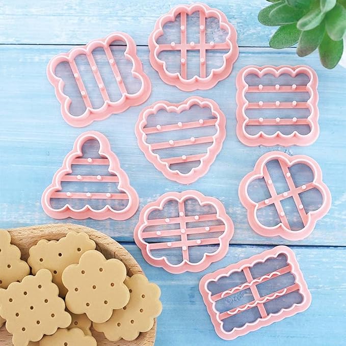 Mini Classic 8pcs 3D Raised Design Cookie Stamps, Triangle, Rectangle, Square, Heart, Star, Oval, Mini Pie Cookie Molds, Circle Cookie Cutter Set for DIY Baking