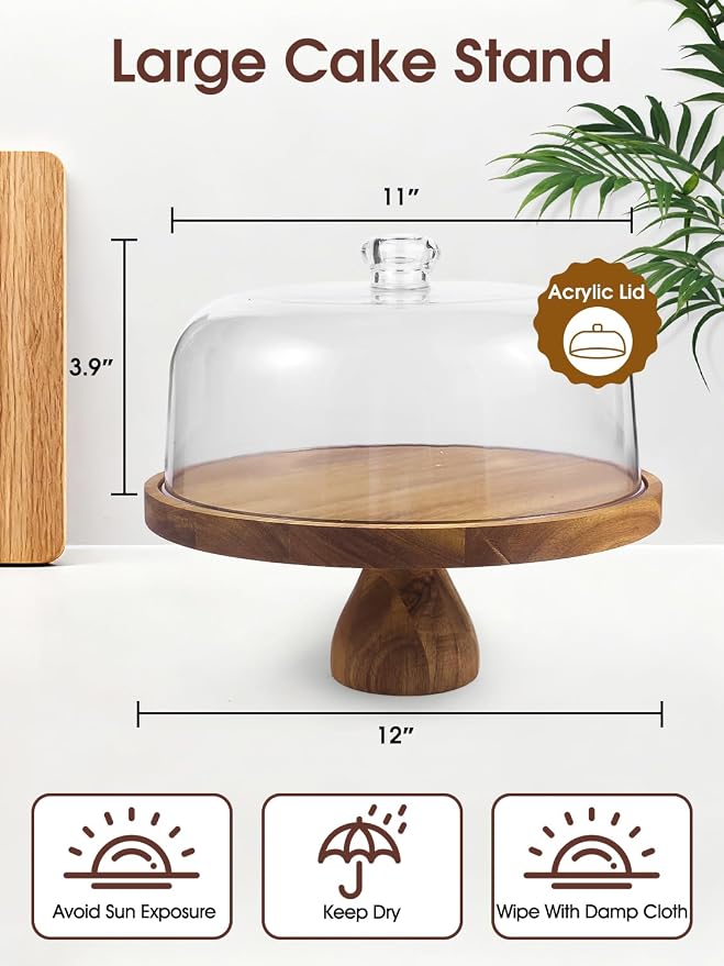Acacia Wood Cake Stand with Lid, 12in Round Cake Holder, 2-in-1 Cake Plates with Acrylic Dome, Dessert Table Display Set for Party Birthday Kitchen Wedding