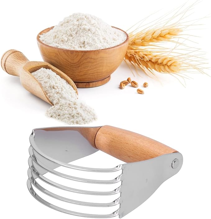 Professional Stainless Steel Dough Blender with Heavy Duty Blades, for Pastry, Baking, and More, Comfortable Handle (Wood)