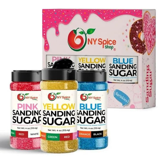 NY Spice Shop Pink-Yellow-Blue Sanding Sugar - Sweet Colorful Edible Sprinkles for Candy Dishes, Cake Decorating, and Dessert Displays - 4 Ounce (Pack of 3)