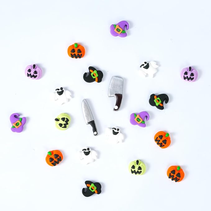 Halloween Icing Decorations - Edible Pumpkins, Ghosts, Witch Hats, Knives, Axes Cake Decorations Royal Icing Sugar Sprinkles for Cakes Toppers, Cookies, Cupcakes Halloween Baking Supplies 28 Count