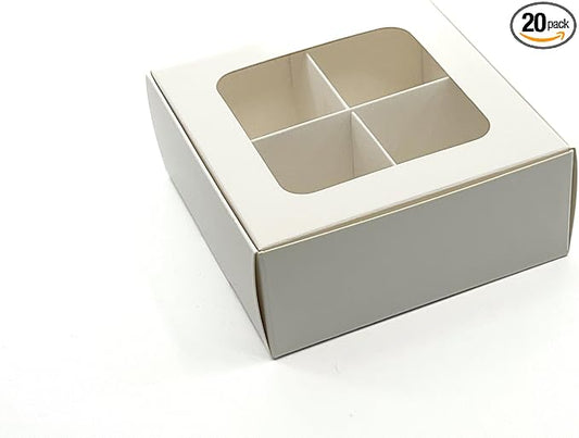 Treat Boxes - 20 ct 4.5 x 4.5 x 2 in Bakery Boxes with Windows and Dividers for Candy, Cookies, Cupcakes, or Bakery Desserts - Chocolate, Treats, and Baked Goods Packaging for Gifting