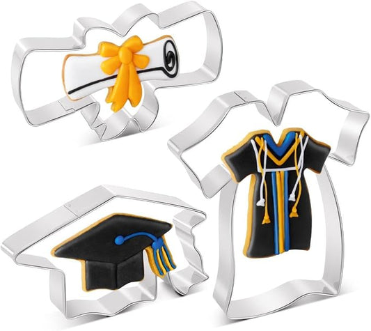 Graduation Cookie Cutters Set 3 Pieces, Stainless Steel Graducation Cap Cookie Cutter, Diploma, Graduation Gown Dress Cookie Cutter for Graduation Celebration Party
