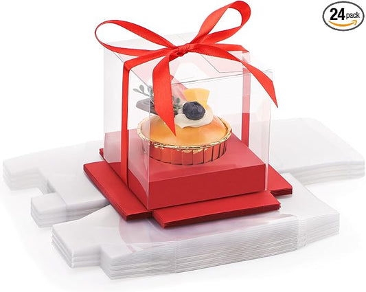 EUSOAR Clear Cupcake Wrappers, 24pcs 3.5 Inch Red Cupcake Carrier Storage for Cake Dessert, Plastic Individual Cupcake Boxes Cupcake Holder with Ribbon and Inserts for Wedding Birthday Party Favor