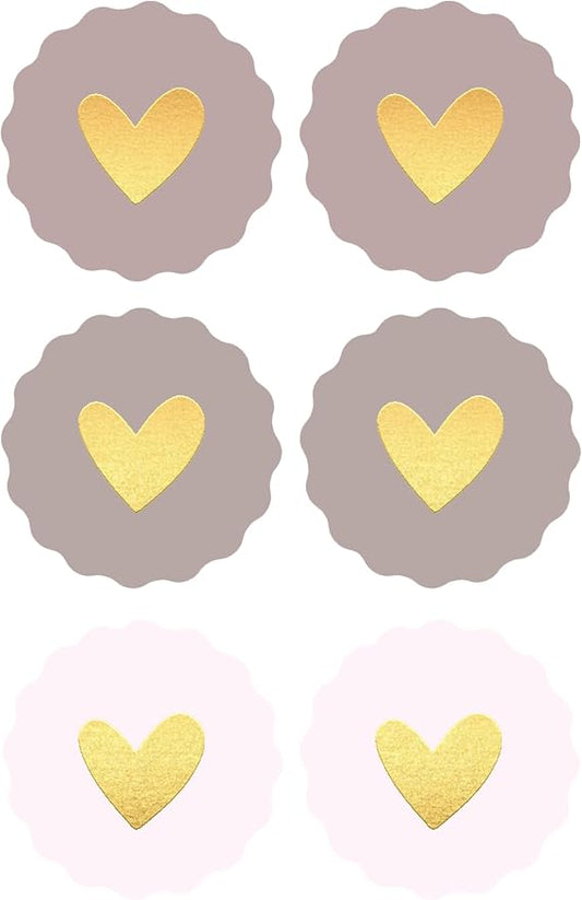 60 Pcs Heart-Shaped Gold Foil Love Stickers, 2 inch Wavy Edge Seals | gold foil love stickers for handmade packaging, envelopes, gift boxes, mailers, wedding invitation and party favors.