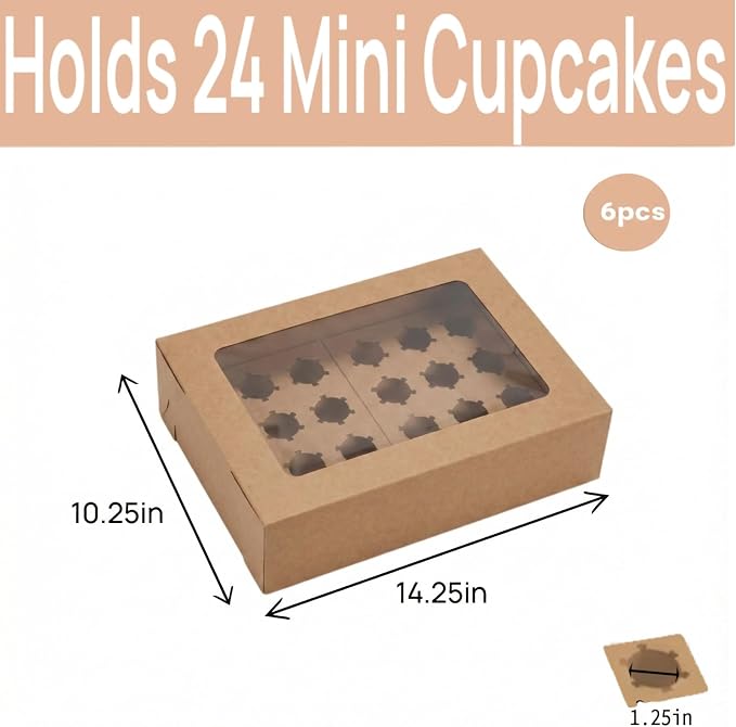 Mini Cupcake Box 6-Pack, Holds 24 Mini Cupcakes, CupCake Holder, Cake Carrier, Food Grade Brown Kraft Pop-up Bakery Boxes, 14 x 10 x 4 inch with Inserts and Window Fits 24 Cupcakes Pack of 6.
