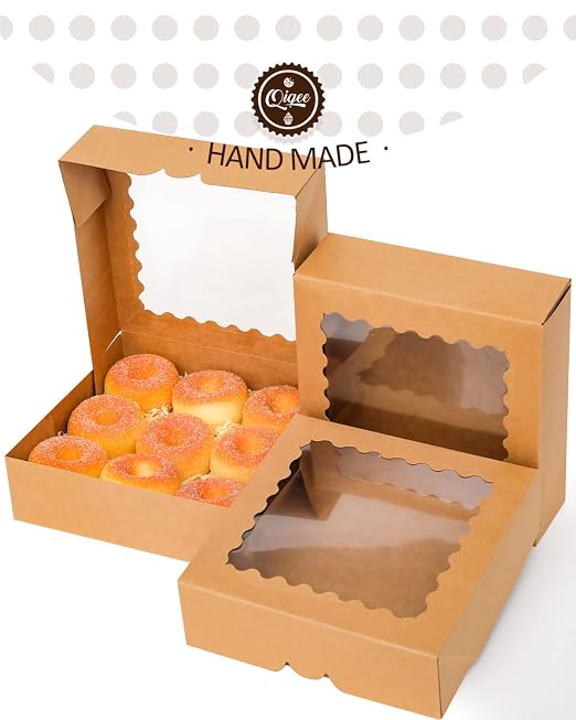 qiqee Auto-pop up 50 Packs Bakery Box With Window 8x8x2.5 inch Brown Pie Boxes Pastry