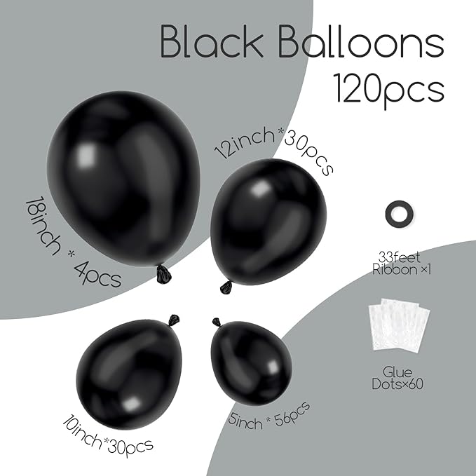 120pcs Black Balloon Arch Kit, 18 12 10 5 inch Black Latex Balloons Different Sizes Balloon Garland for Graduation Halloween Birthday Party Decorations