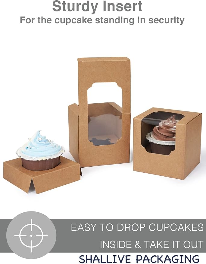 Kraft Cupcake Boxes Individual 60 Pcs with Inserts, Cocoa Bomb Packaing Single Brown Cupcake Containers Paper 3.5" Holders for Cookies, Pastries,Wedding Baby Shower Birthday Graduation