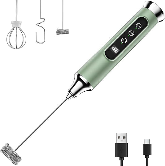 YUSWKO Milk Frother Wand for Coffee, Coffee Frother Handheld Drink Mixer | Rechargeable Mixer Wand, Waterproof Electric Whisk for Protein Powder, Lattes, Cappuccino, 3 Variable Speeds 3 Whisks,Granite