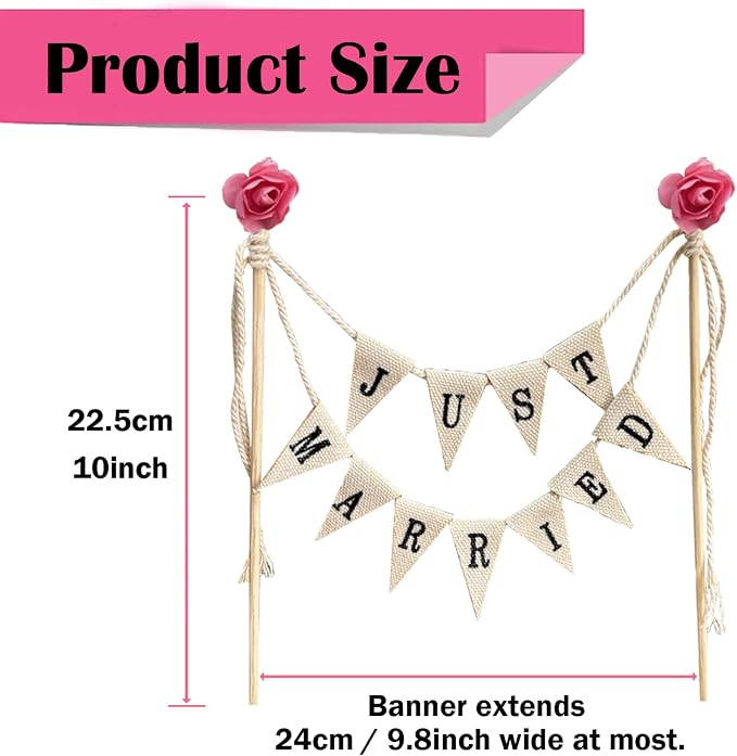 Wedding Cake Topper,Family Party Cake Topper,Vintage Affair Rustic Just Married Wedding Cake or Cheese Bunting,Handmade Pennant Flags with Wood Pole Ivory