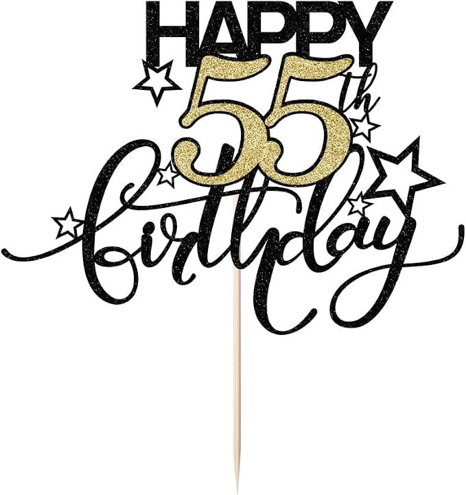 Happy Birthday Cake Topper,Black font Golden Numbers 55th Birthday Cake Decoration，Hello 55, Cheers to 55Years/55th Anniversary ，55& Fabulous Party Decoration