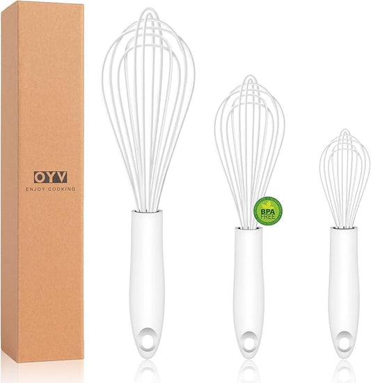 OYV White Silicone Whisk, Sealed Waterproof Design Set of 3, Professional Kitchen Whisks for Cooking Non-Scratch, Silicone&Stainless Steel Whisk, Heat Resistant 480°F Rubber wisk, BPA free