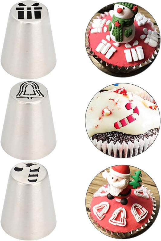 3PCS Christmas Russian Icing Tips Set, Stainless Steel Piping Nozzles for Cake, Cupcake Cookie Decorating – Includes 3 Creative Festive Frosting Tips with Christmas Designs